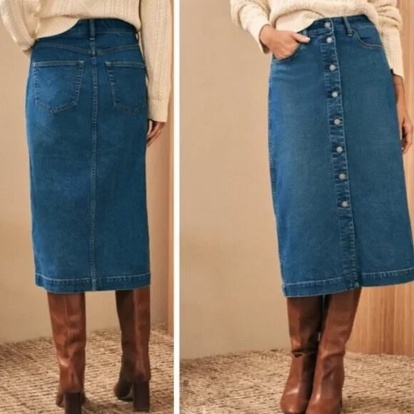 Faherty Mercer Bay Denim Midi Skirt Blue Button Front Organic Cotton Women’s 26 - Picture 8 of 8